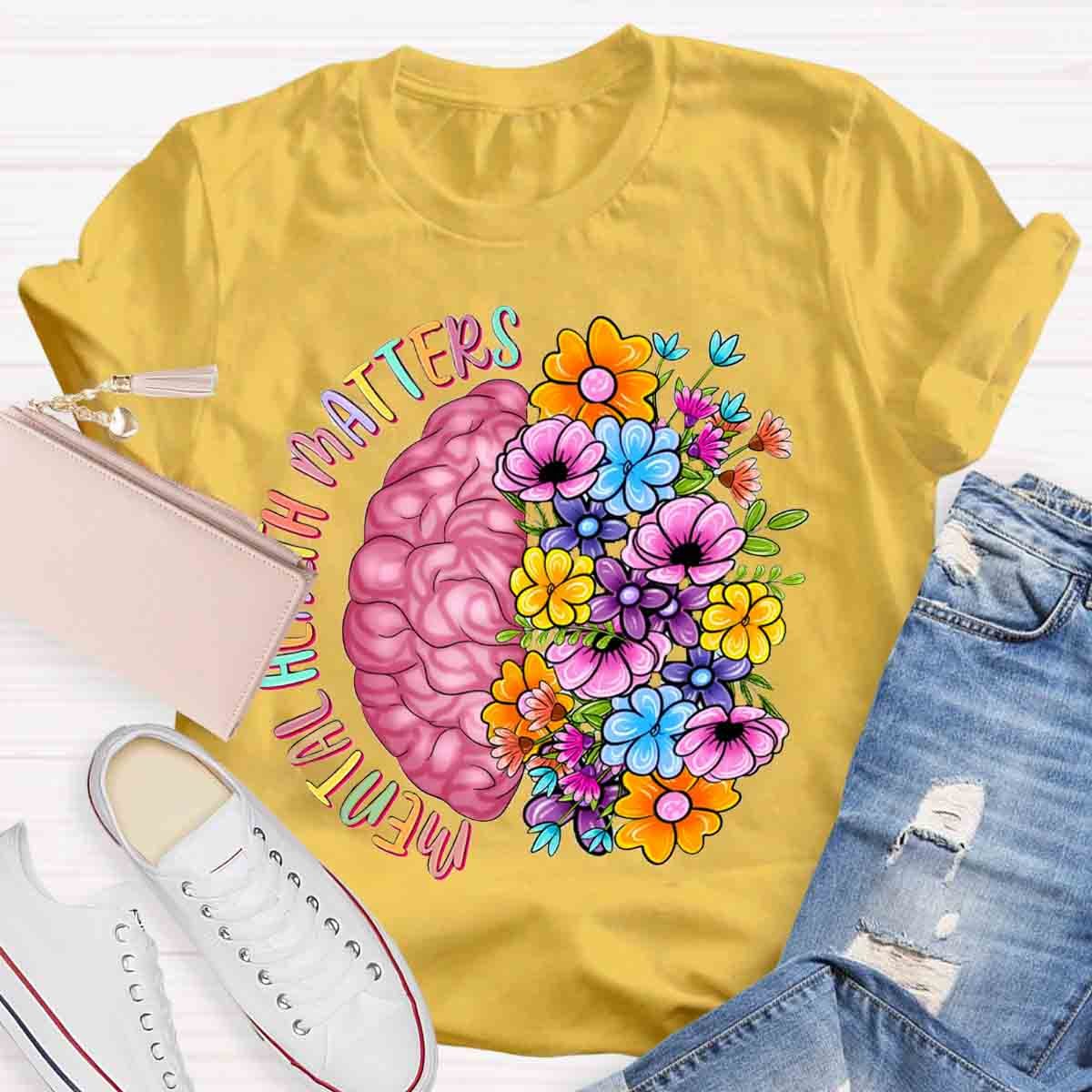 Mental Health Matters Half Brain Half Floral Skull T-Shirt