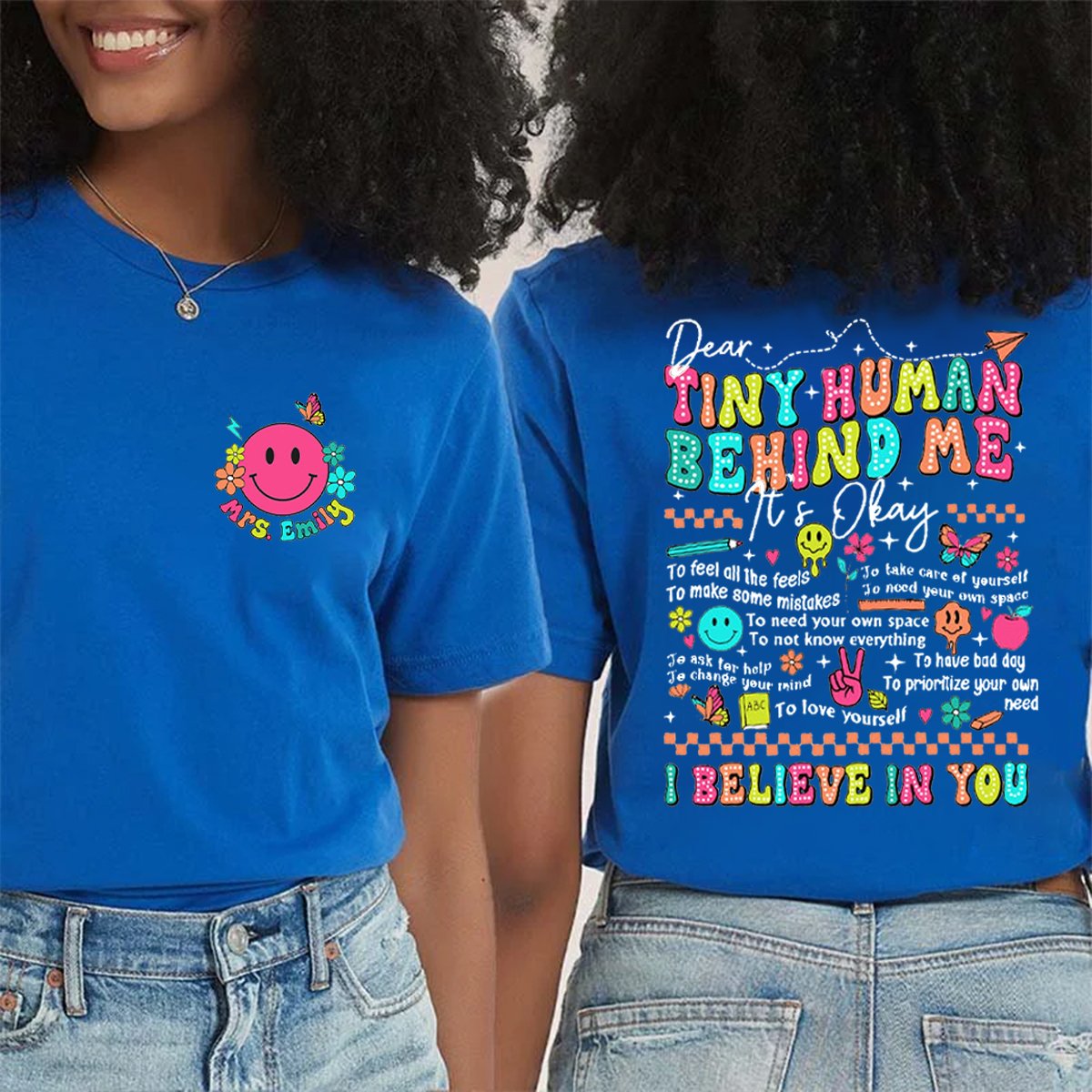 Personalized Tiny Humans Behind Me Double-Sided Teacher Shirt