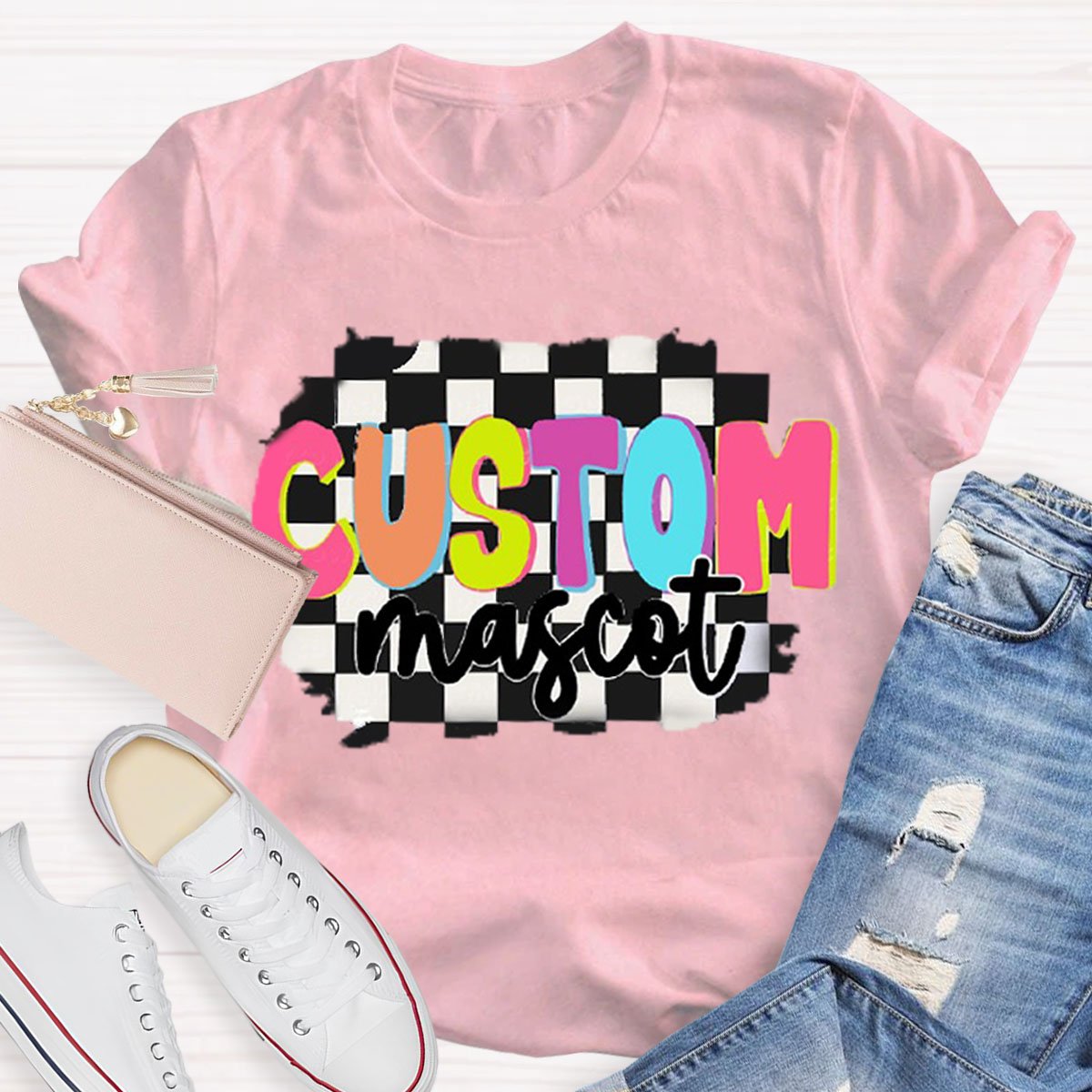 Personalized  Your Mascot Black And White Checkerboard Teacher T-Shirt