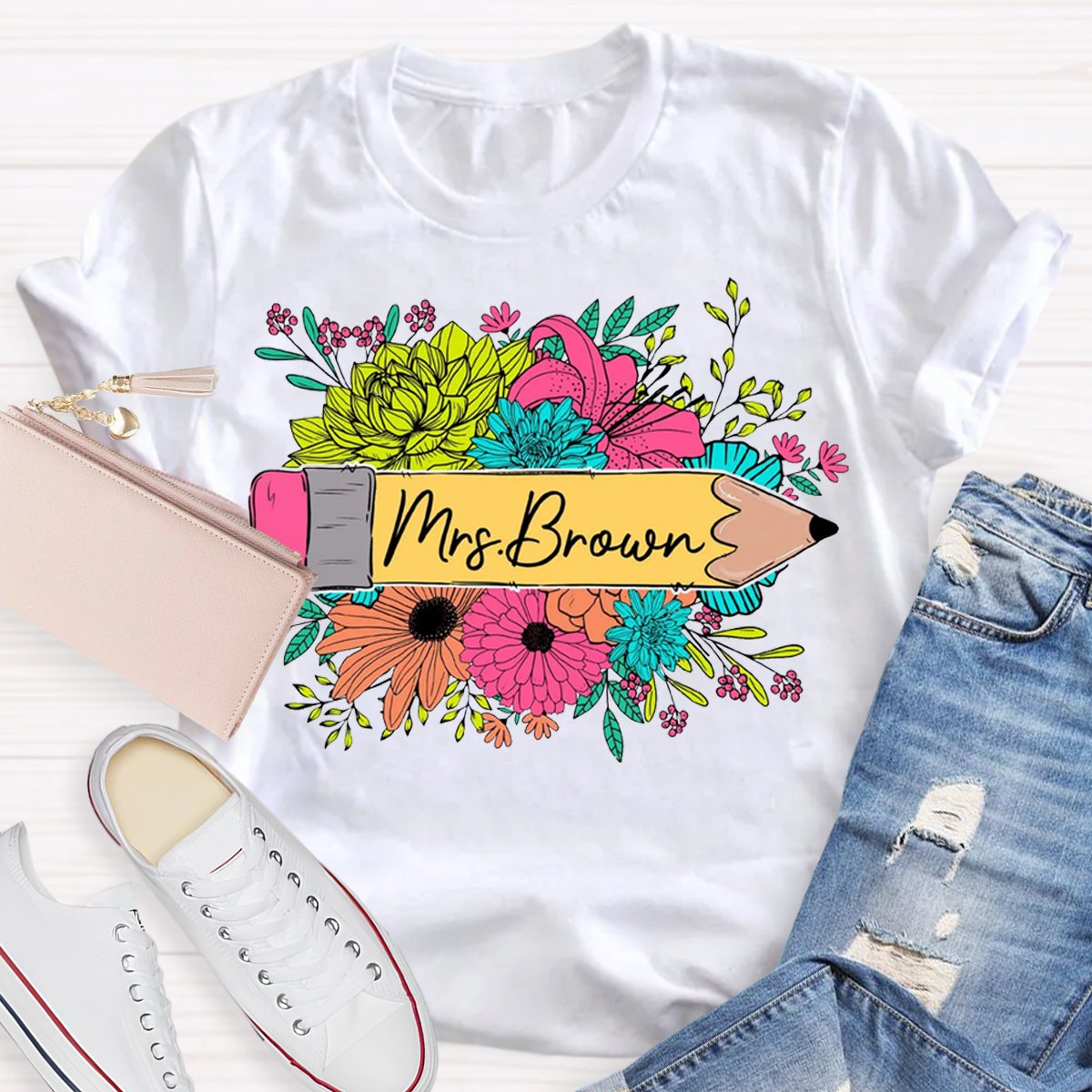 Personalized Name Floral Teacher Shirt