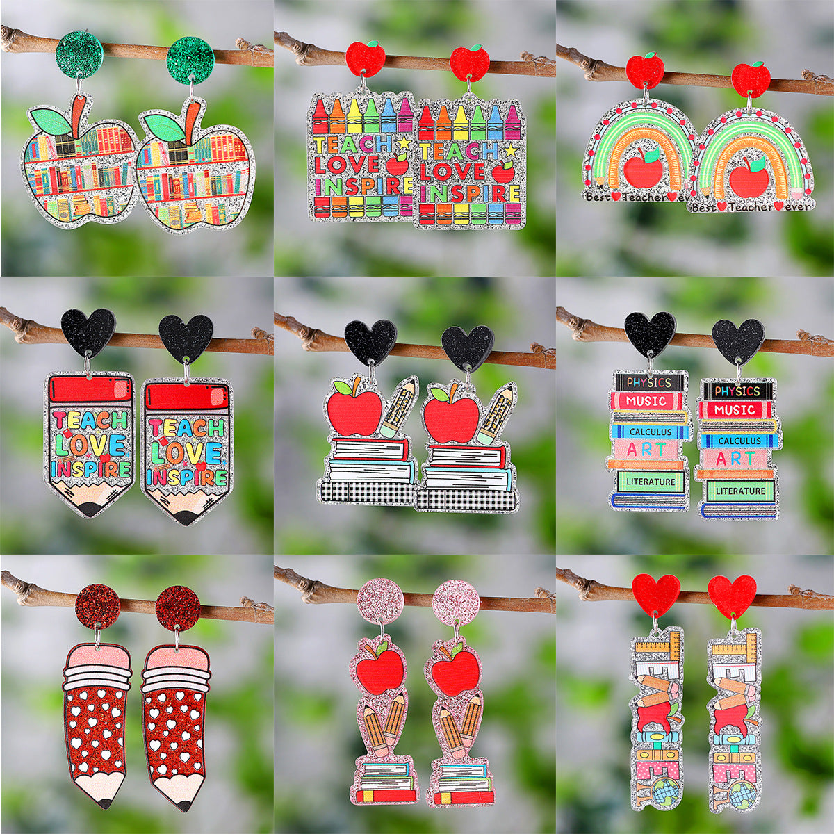 Sequined Apple Book Ruler Rainbow Earrings
