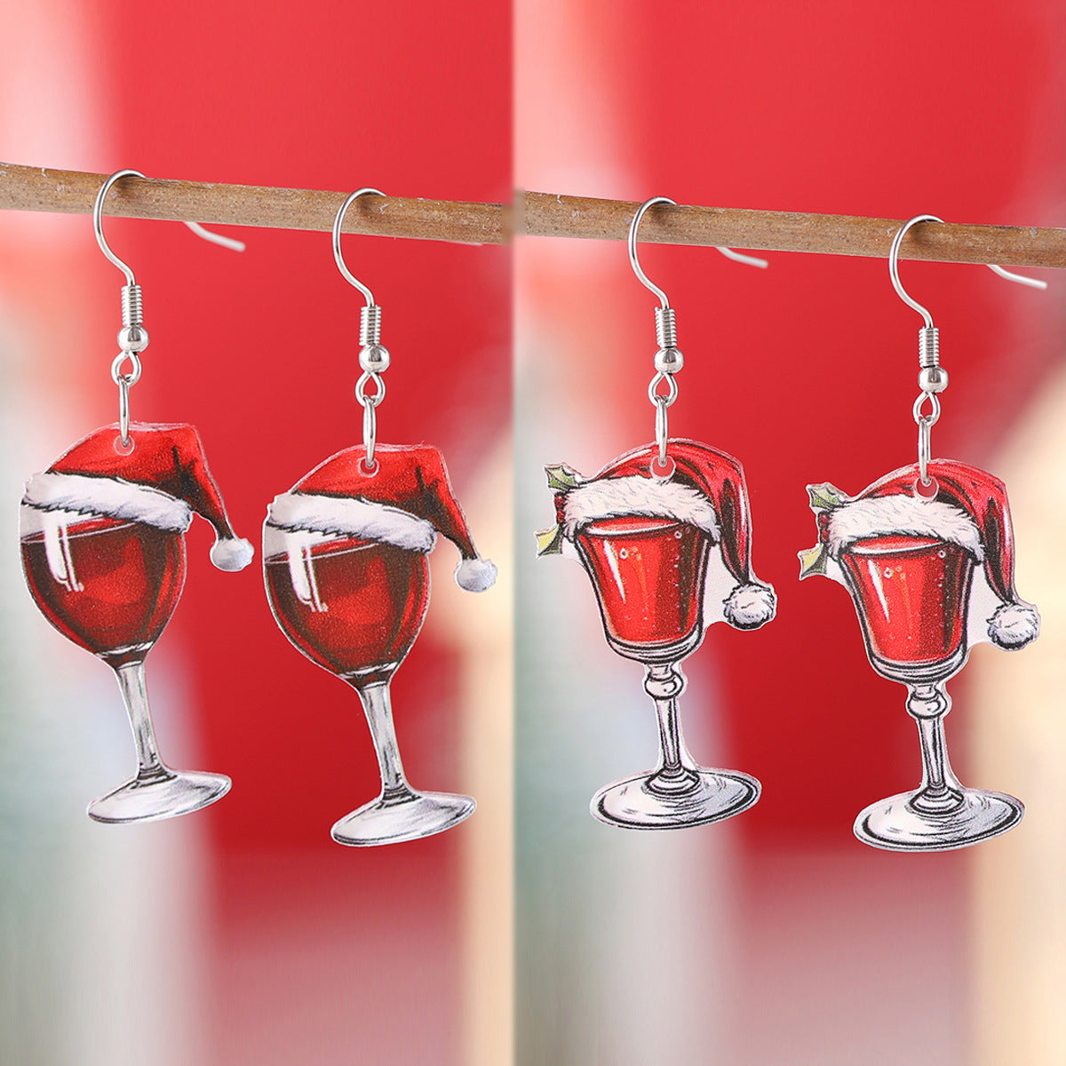 Red Wine Glass Santa Hat Pendant Earrings