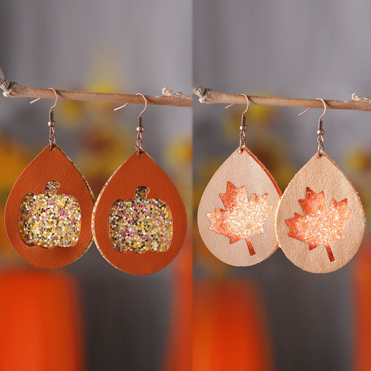 Sequined Maple Leaf Pumpkin Hollow Drop Earrings