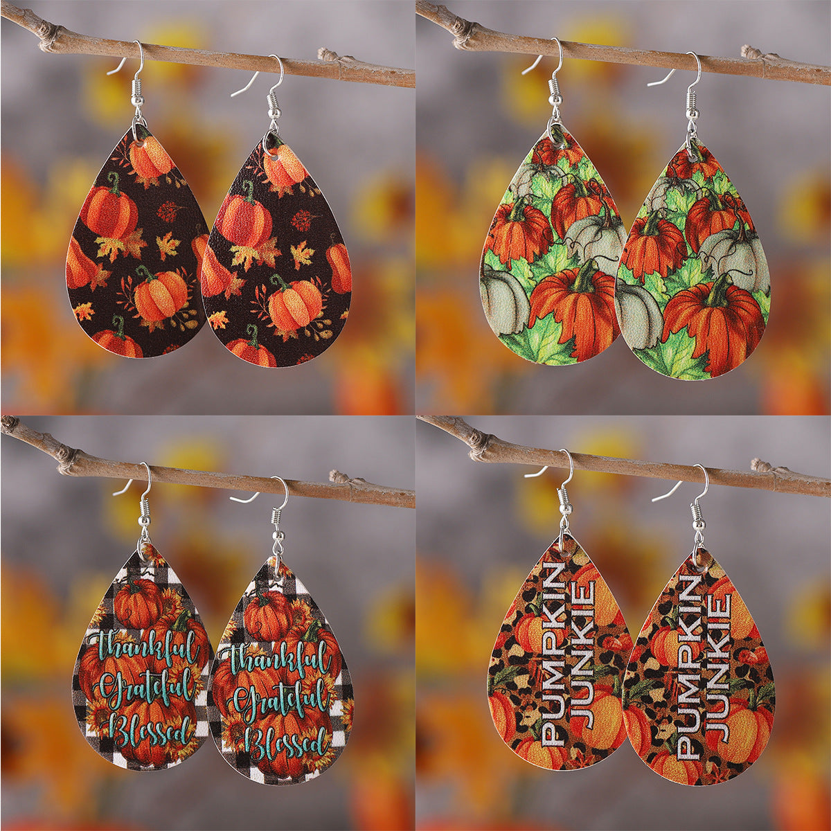 Maple Leaf Pumpkin Teardrop Drop Earrings