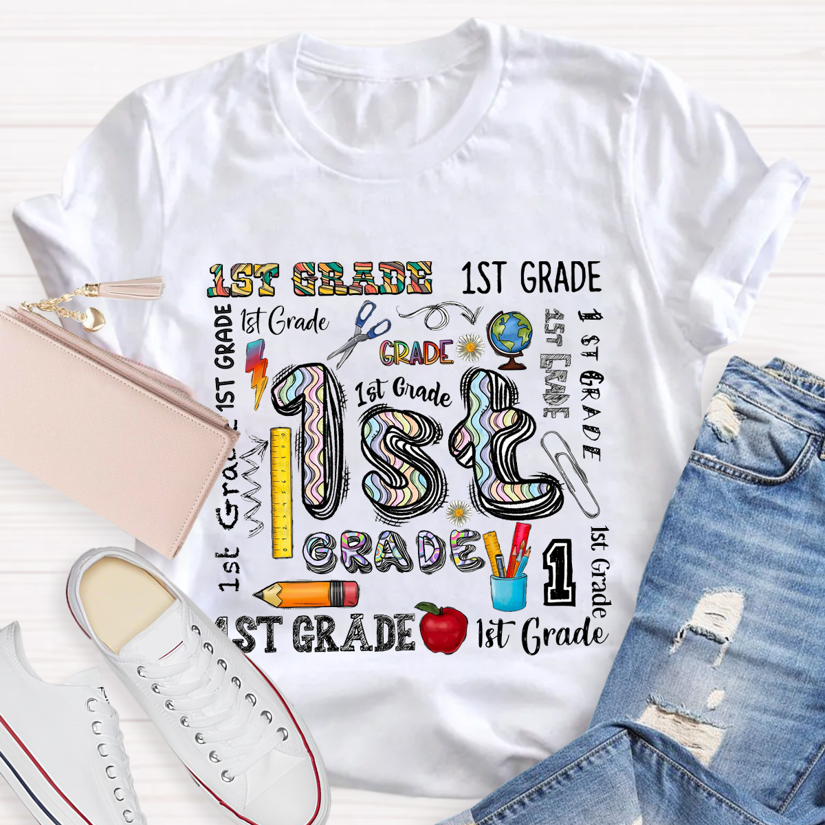 Personalized Grade School Supplies Icons Teacher T-Shirt