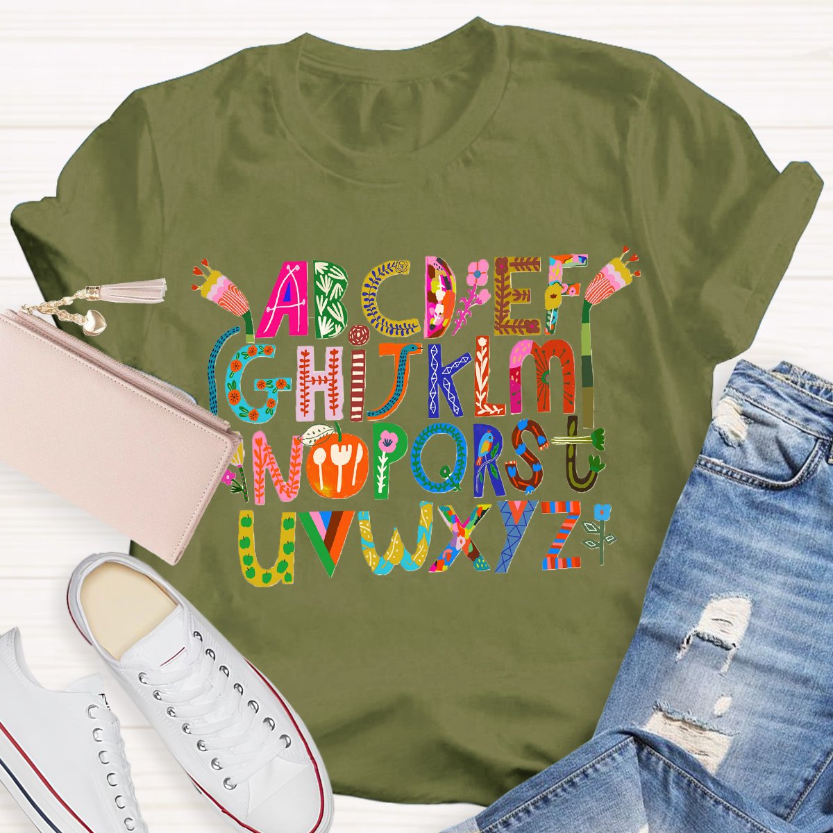 Artistic Design Cute Alphabet Print Teacher T-Shirt