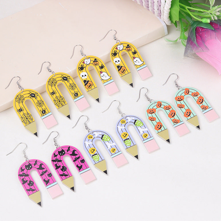 Ghost U-Shaped Pencil Spider Pumpkin Earrings