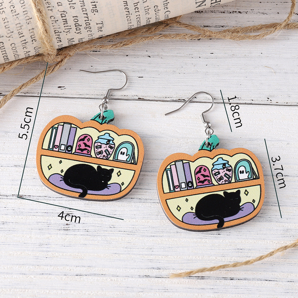 Black Cat Book Apple Pendant Earrings
