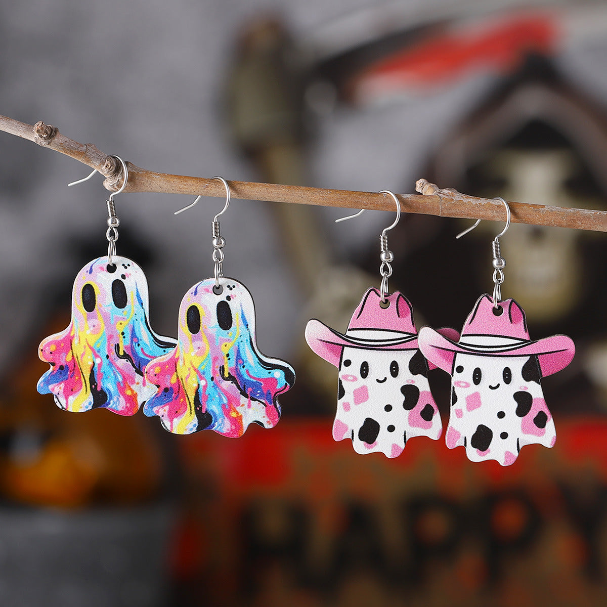 Western Cowboy Hat Painted Ghost Drop Earrings