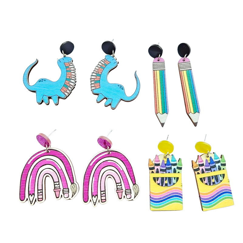 Dinosaur Book Rainbow Crayon Earrings