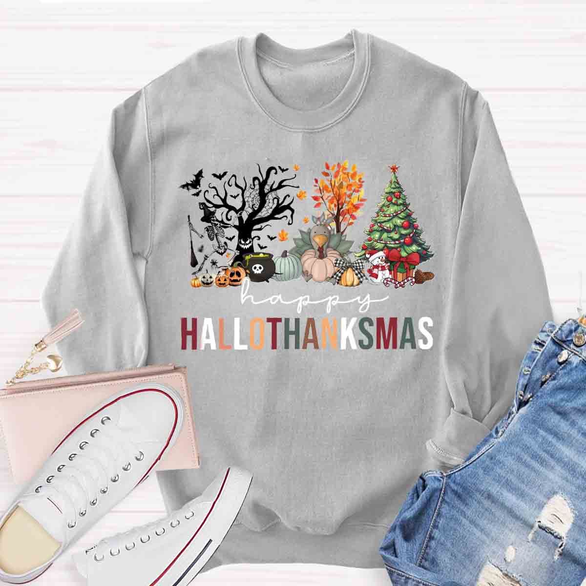 Happy Hallothanksmas Halloween Fall and Christmas Sweatshirt