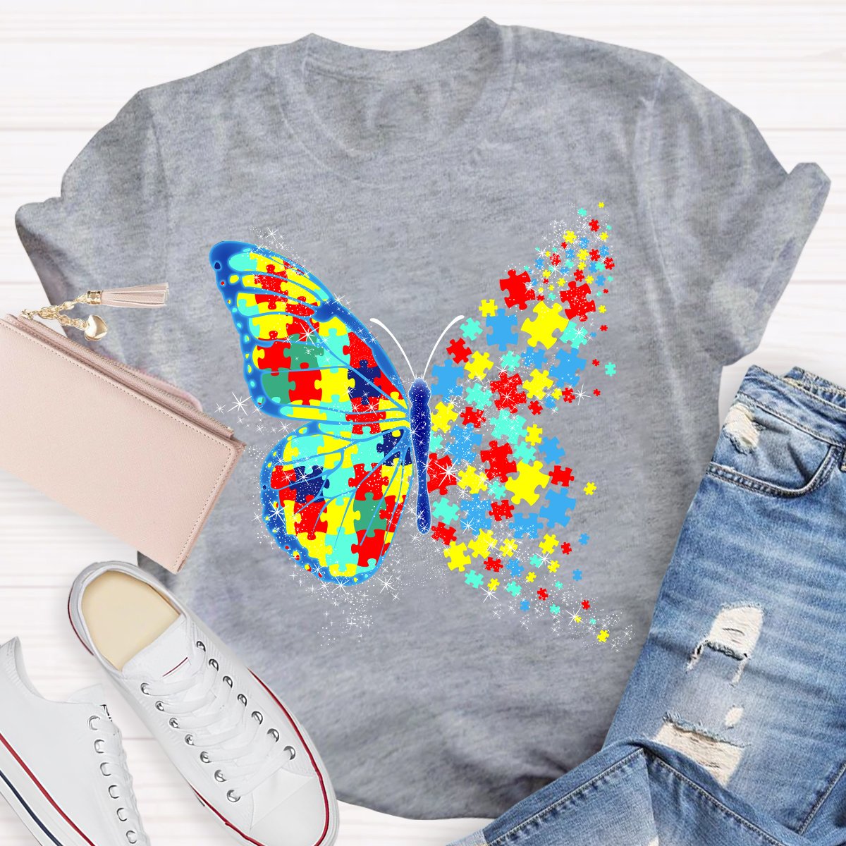 Colorful Puzzle Butterfly Teacher T-Shirt