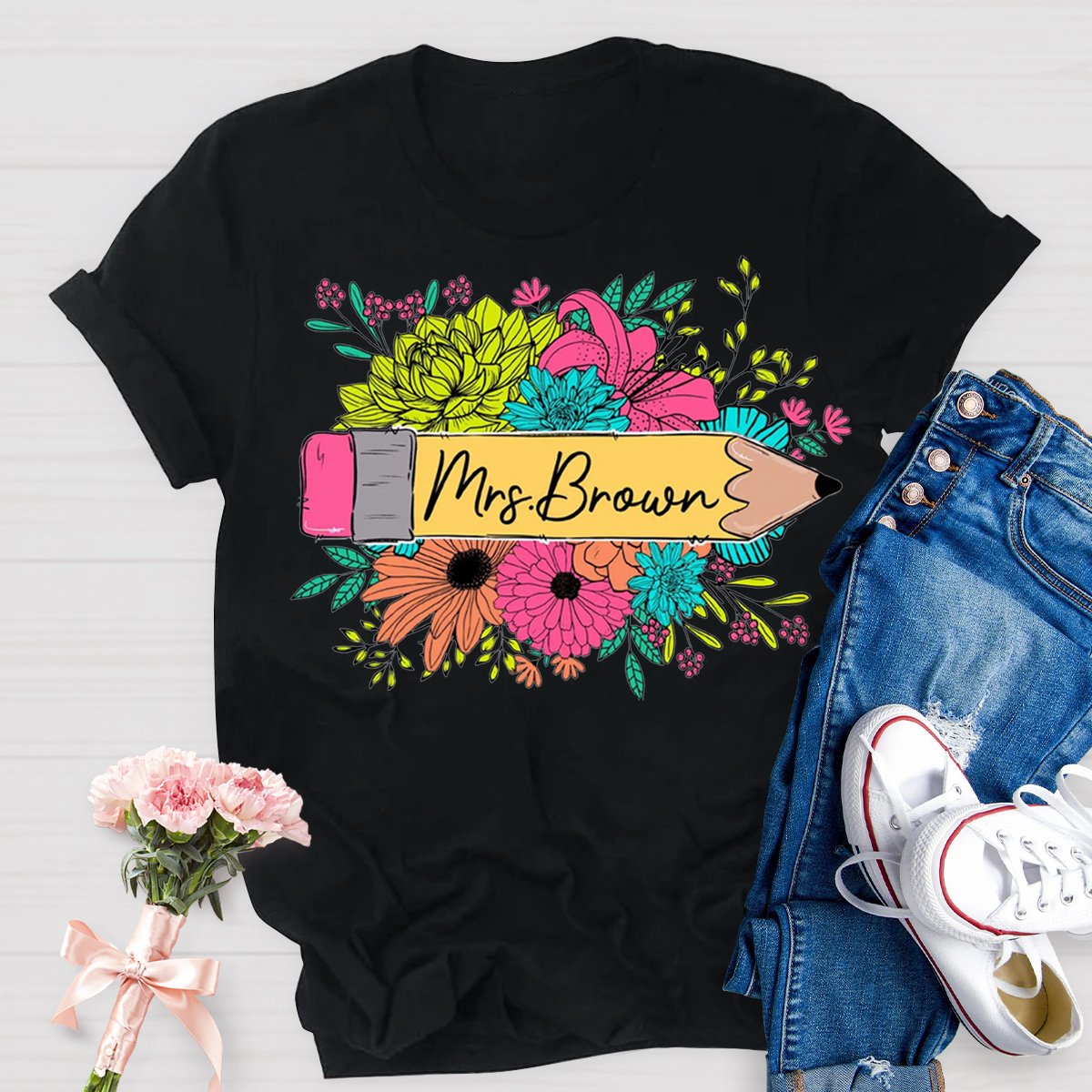 Personalized Name Floral Teacher Shirt