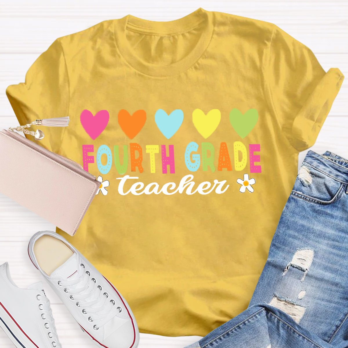 Personalized Grade Heart Print Teacher T-shirt