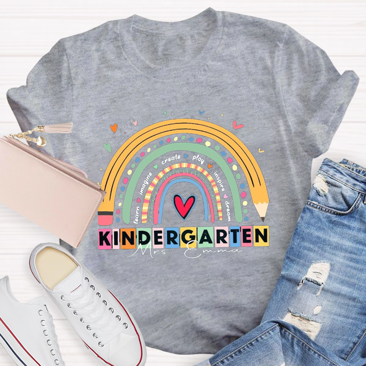 Personalized Your Grade And Name Rainbow Teacher T-shirt