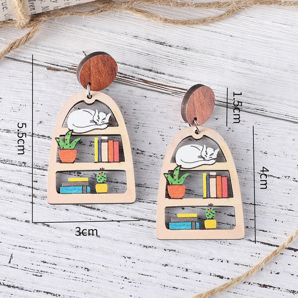 Bookcase Potted Cat Hollow Earrings