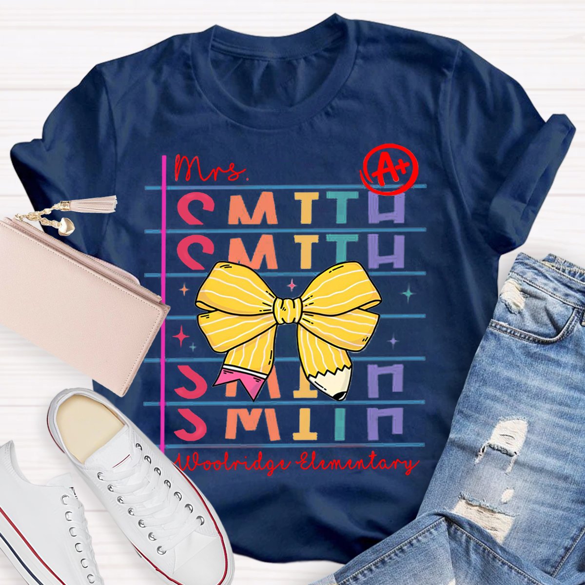 Personalized Teachers Name And School Name Bow pencil design T-Shirt