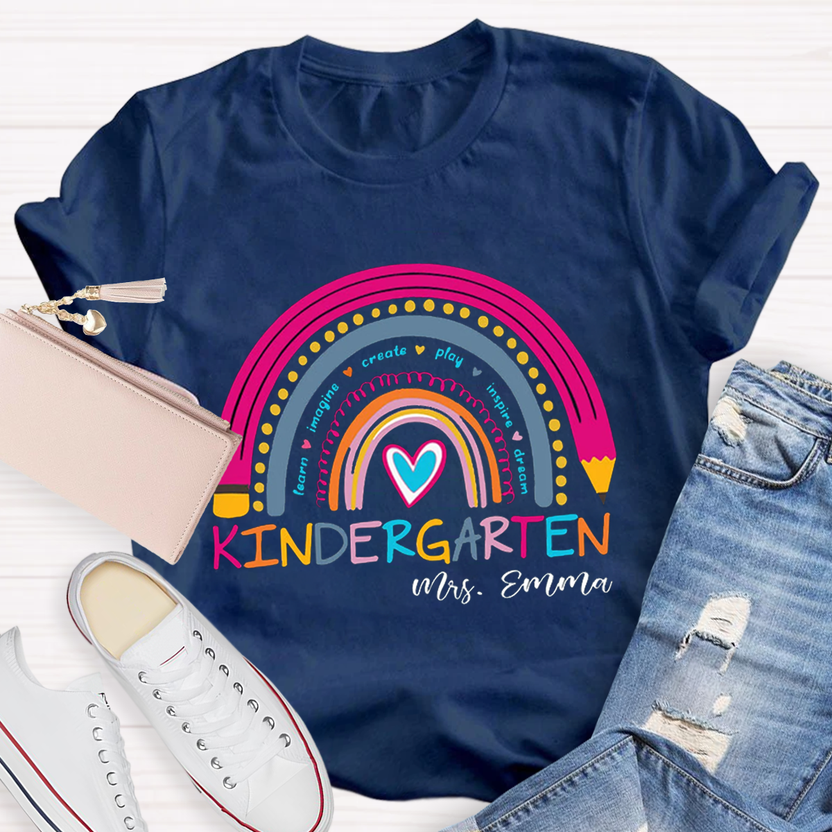 Personalized Name And Grade Rainbow Teacher T-Shirt