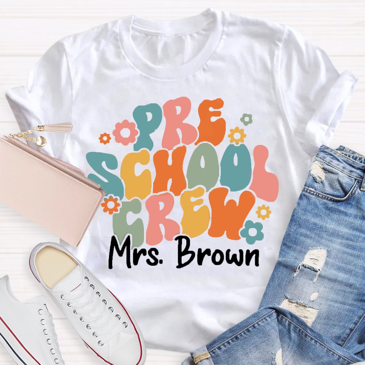 Personalized Name Preschool Teacher Crew T-Shirt