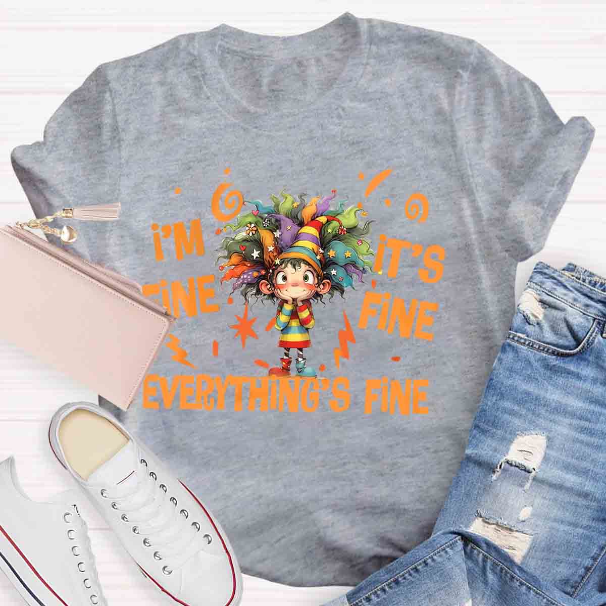 Everything Is Fine Cute Grumpy Kid Print T-shirt