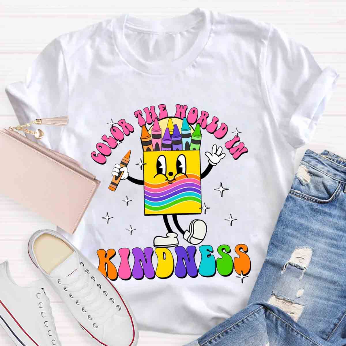 Color The World In Kindness Crayon Pencil Teacher T-Shirt