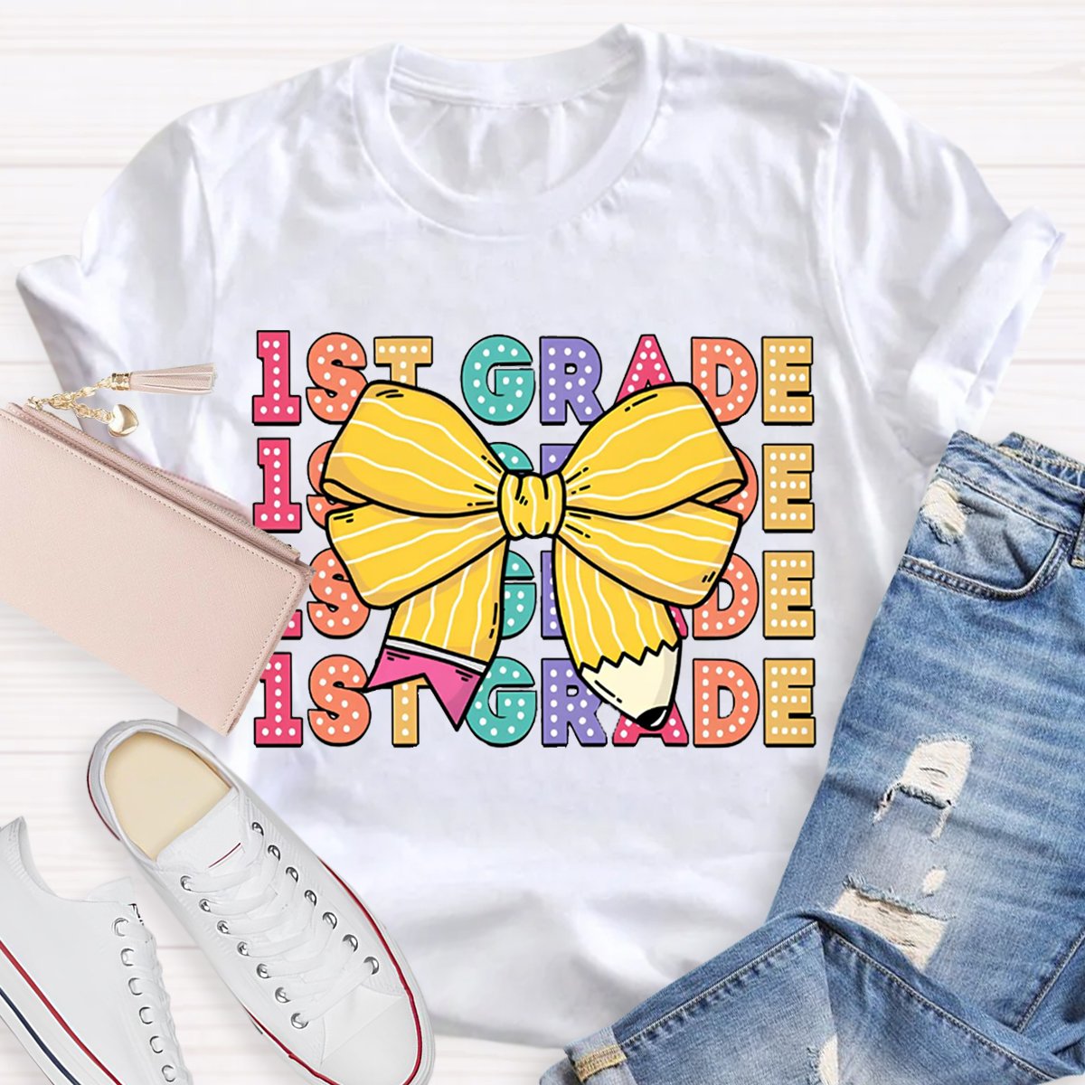 Personalized Grade Bow Pencil Design T-Shirt