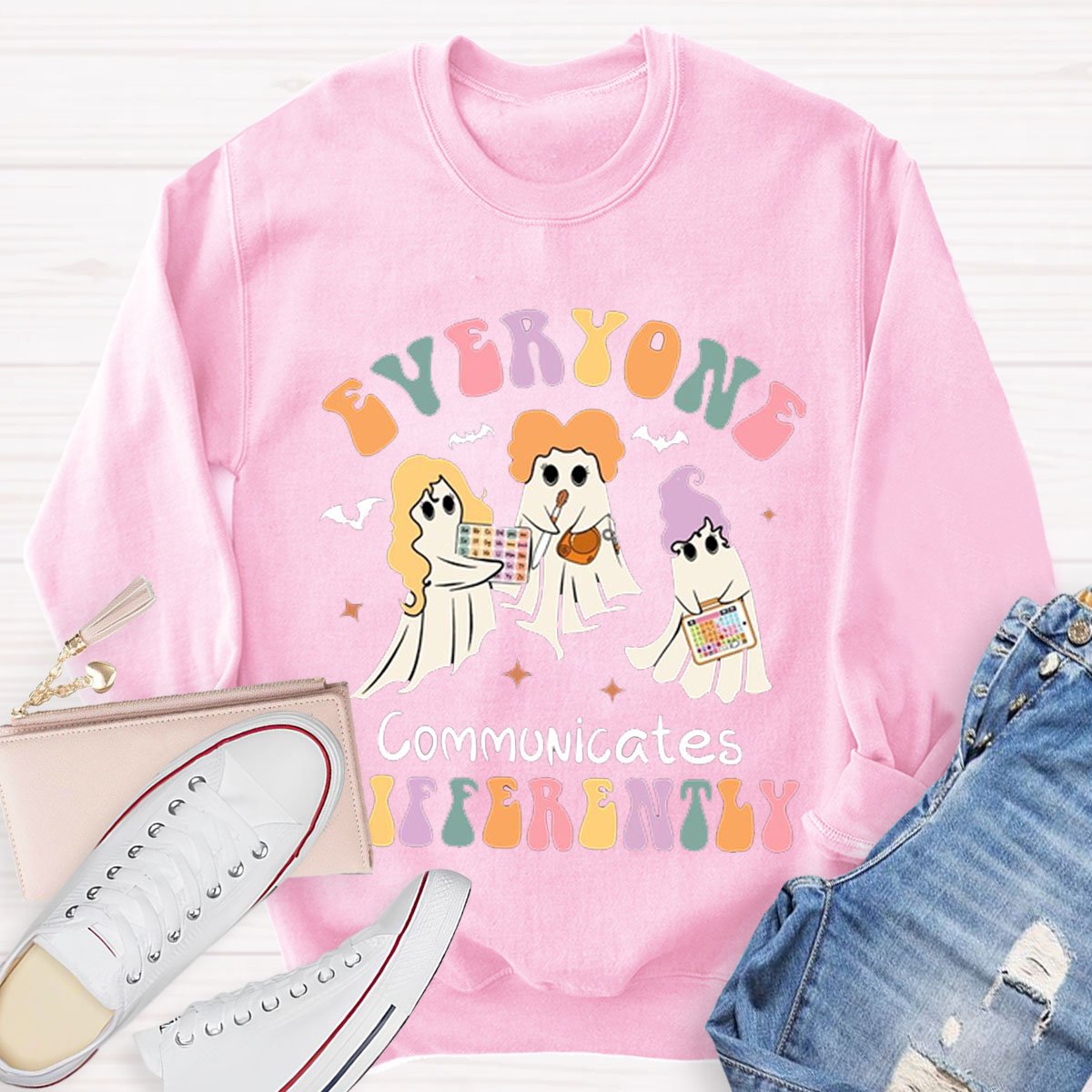 Everyone Communicates Differently Teacher Halloween Sweatshirt