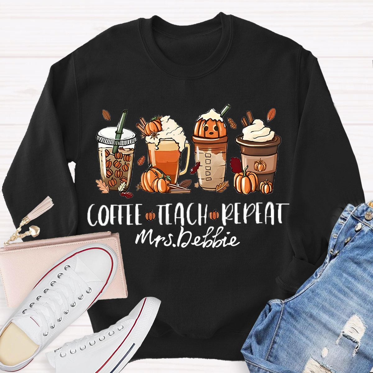 Personalized Name Halloween Coffee Teach Repeat Teacher Sweatshirt