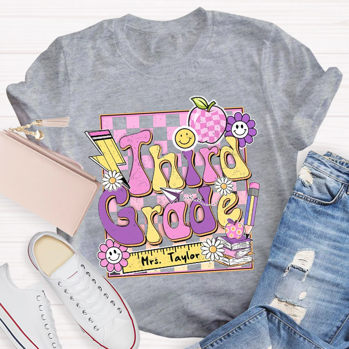 Personalized Grade And Name Back To School Ruler Printed T-Shirt