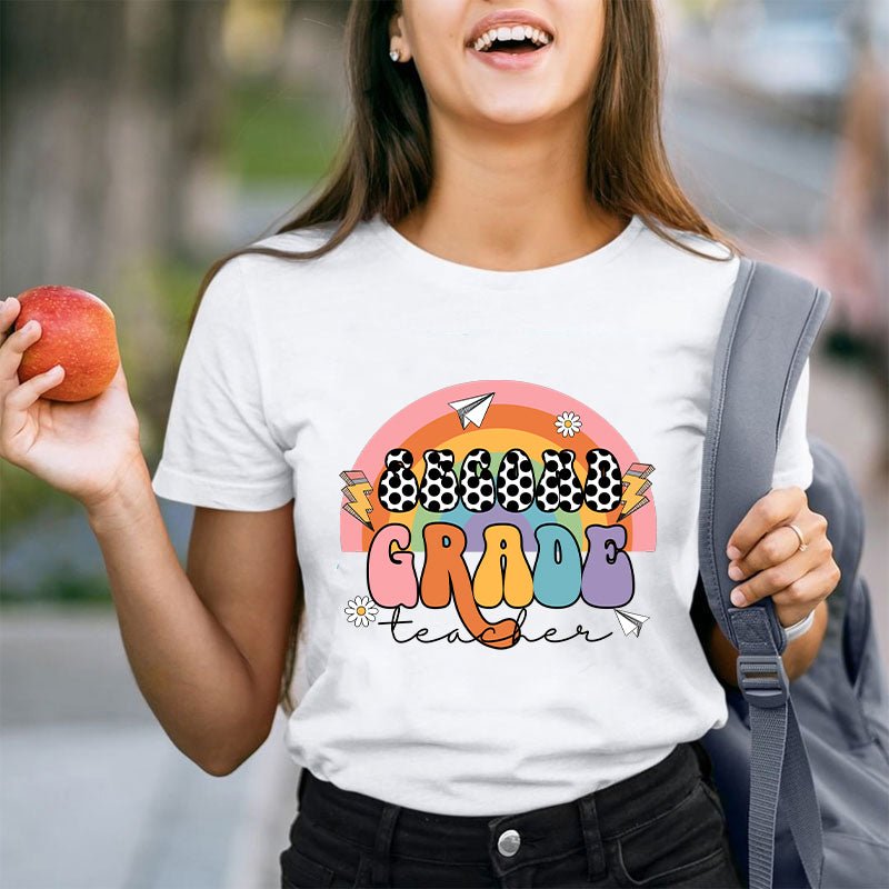 Personalized Grade Rainbow Black Dot Teacher T-Shirt