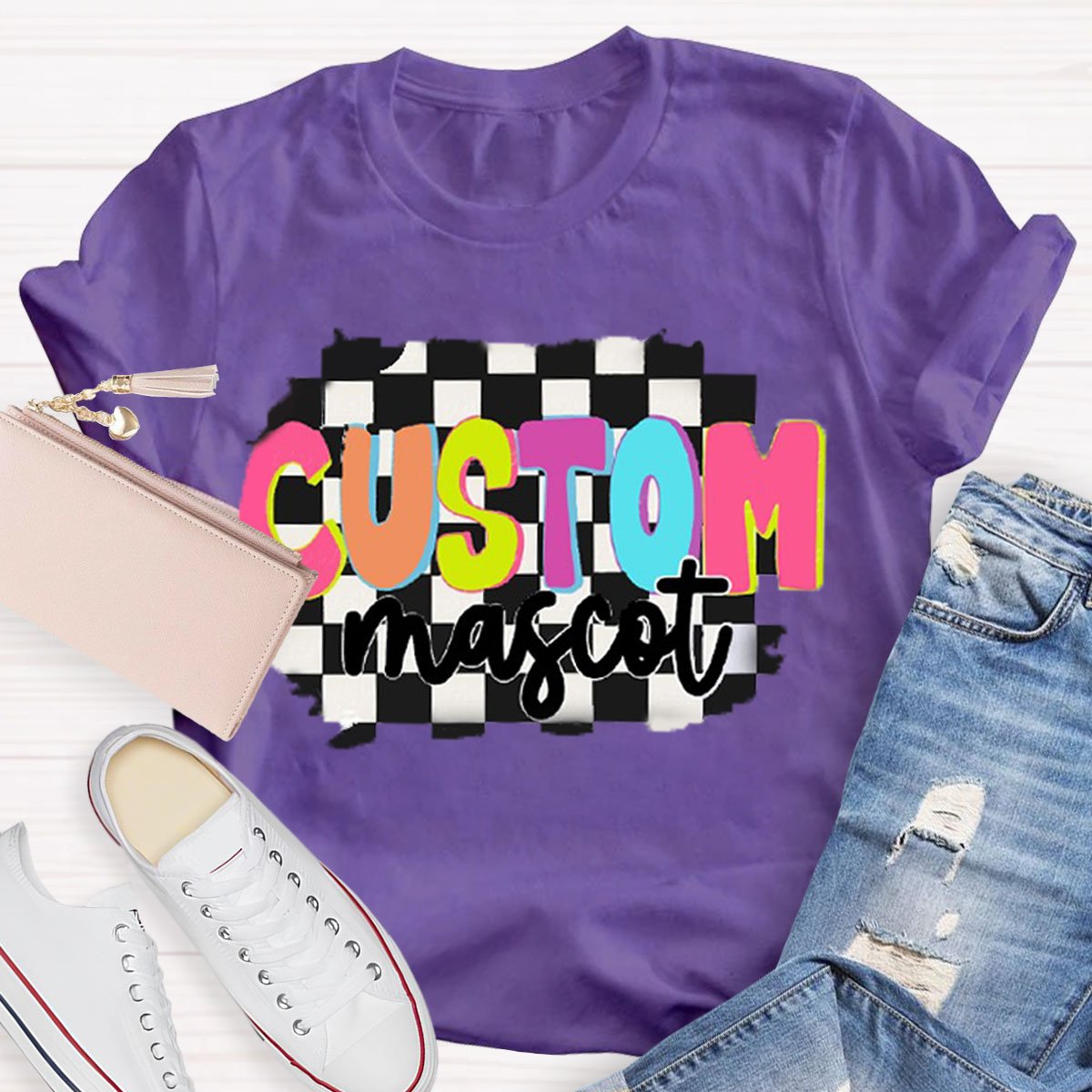 Personalized  Your Mascot Black And White Checkerboard Teacher T-Shirt