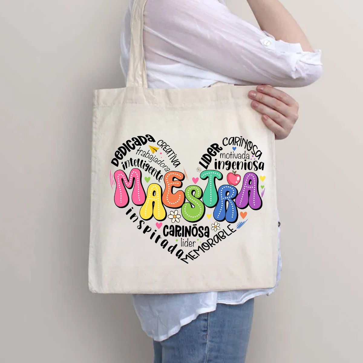 Maestra Spanish Heart Printed Teacher Tote Bag