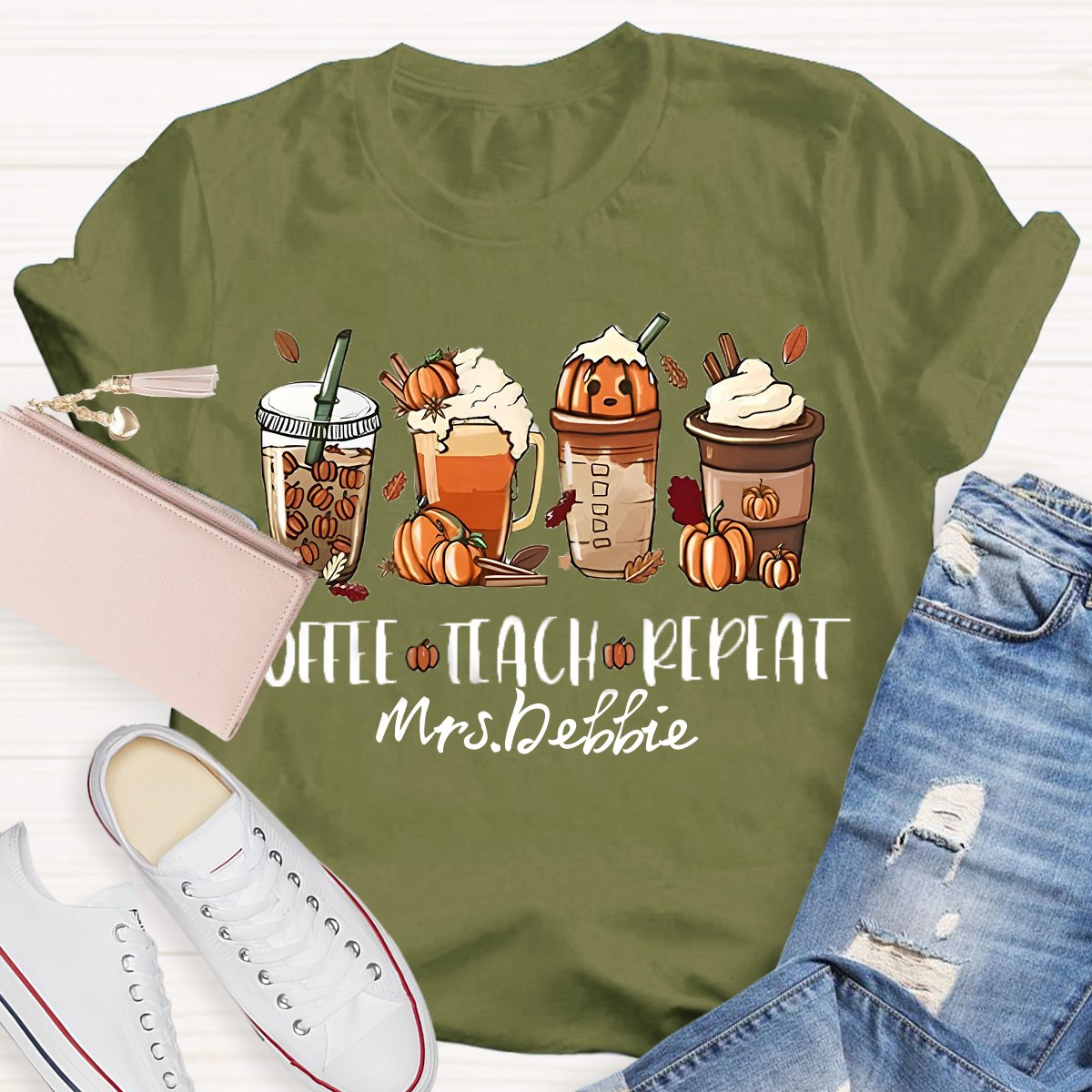 Personalized Name Halloween Coffee Teach Repeat Teacher T-Shirt