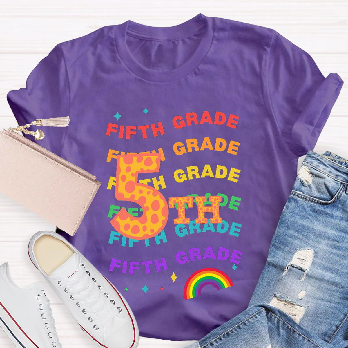 Personalized Grade Rainbow Teacher T-Shirt