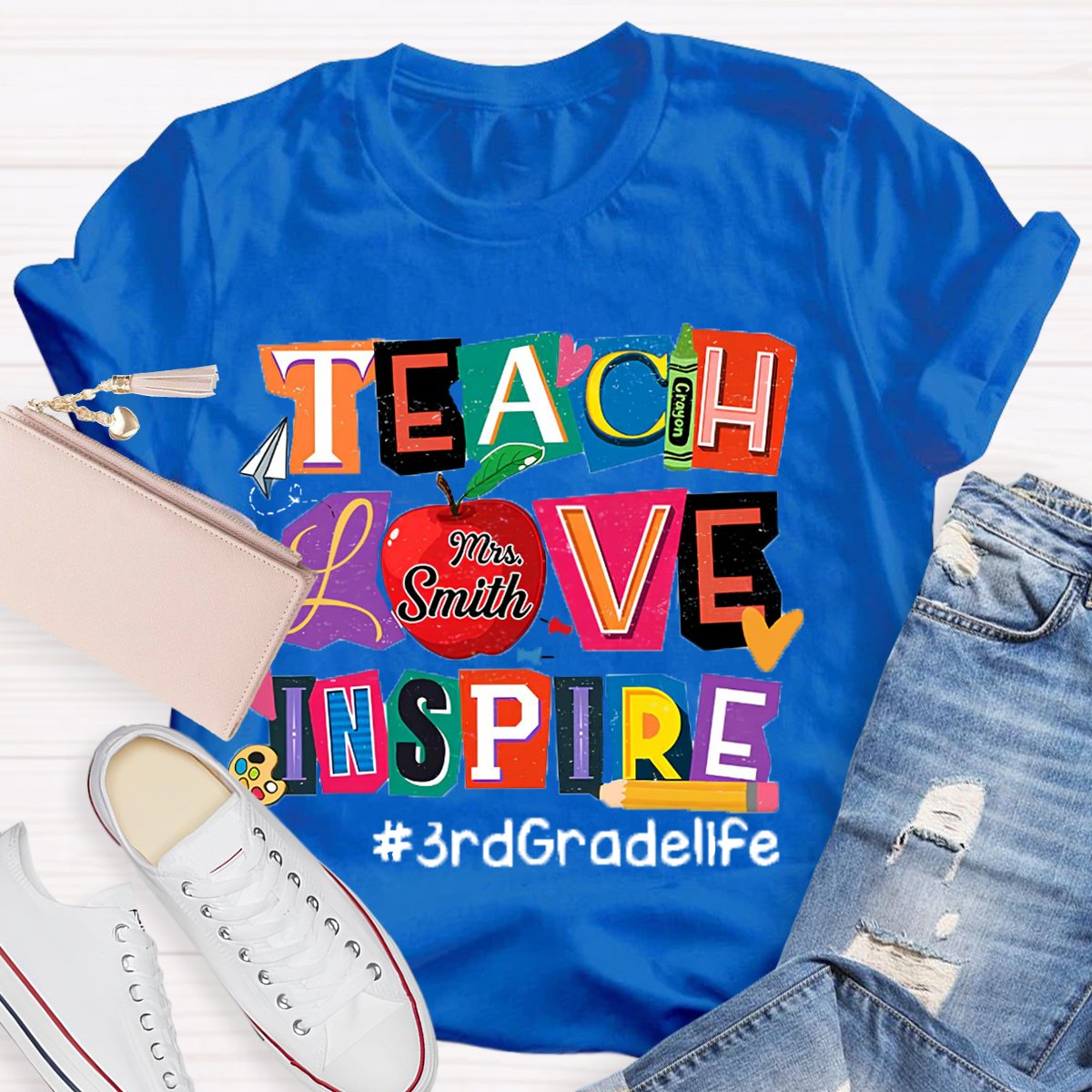 Personalized Name And Grade Teach Love Inspire Teacher T-Shirt