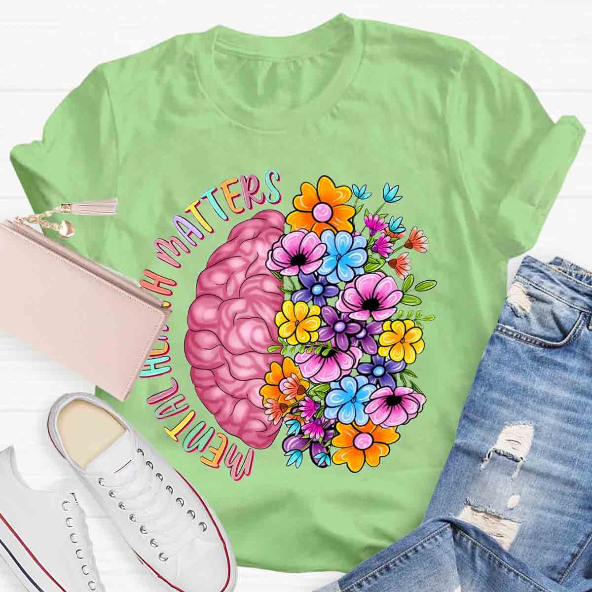 Mental Health Matters Half Brain Half Floral Skull T-Shirt