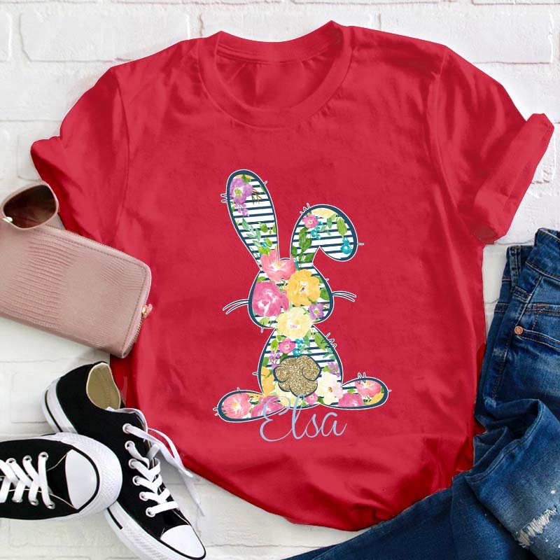 Personalized Floral Bunny Teacher T-Shirt