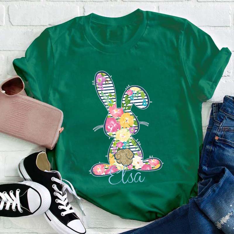 Personalized Floral Bunny Teacher T-Shirt