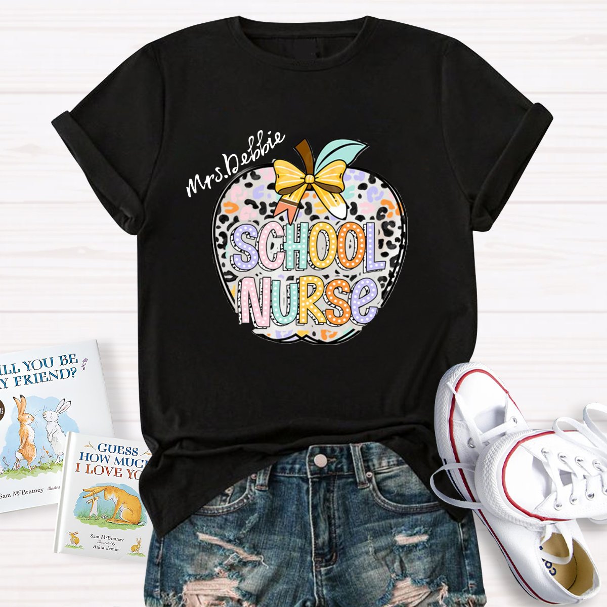 Personalized School Nurse Name Apple Printed T-shirt