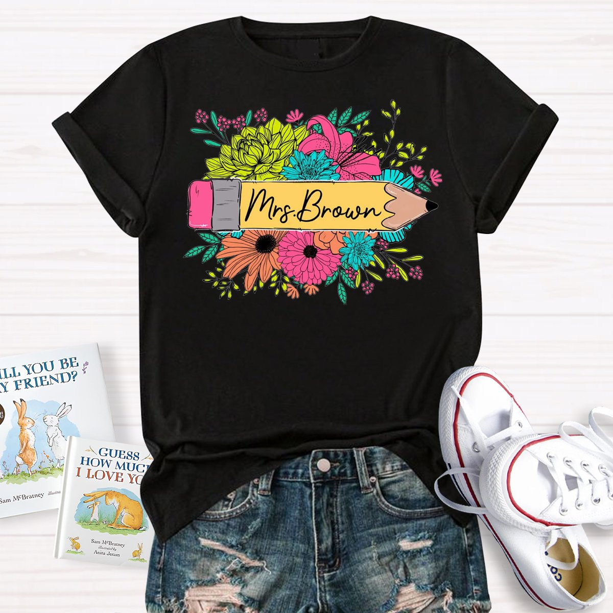 Personalized Name Floral Teacher Shirt