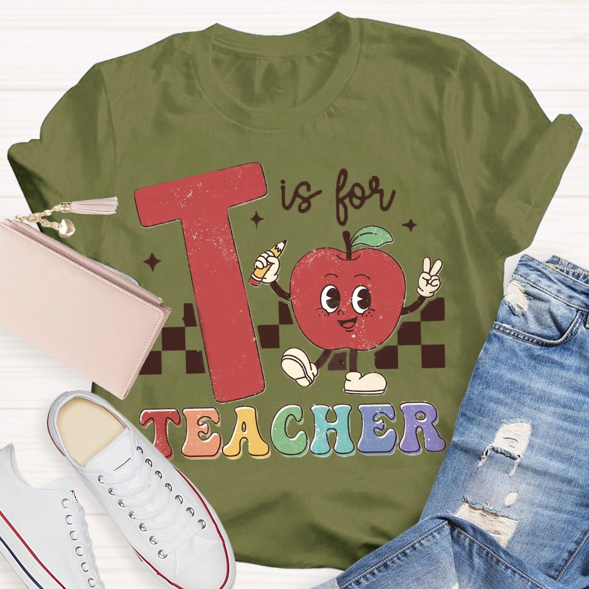 T is for teacher Apple Pencil Printed Back to school T-shirt