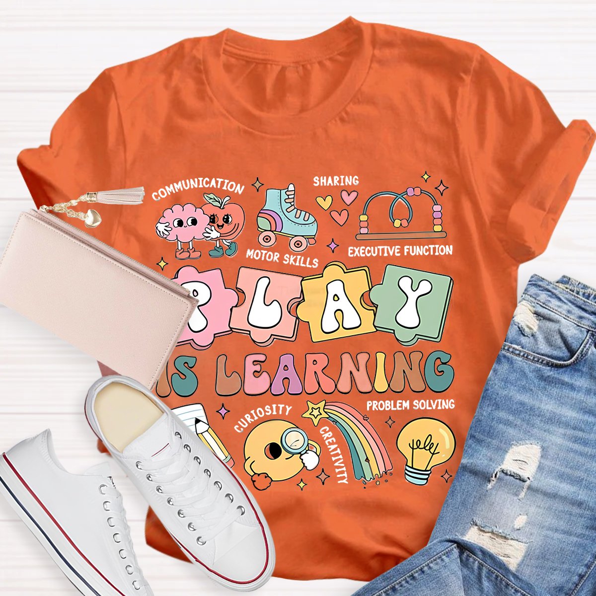 Play Is Learning Colorful Cute Icons Teacher T-Shirt