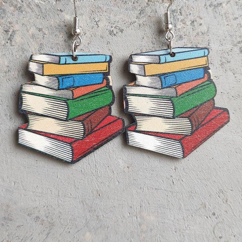 Book Reading Rainbow Heart Wooden Earrings