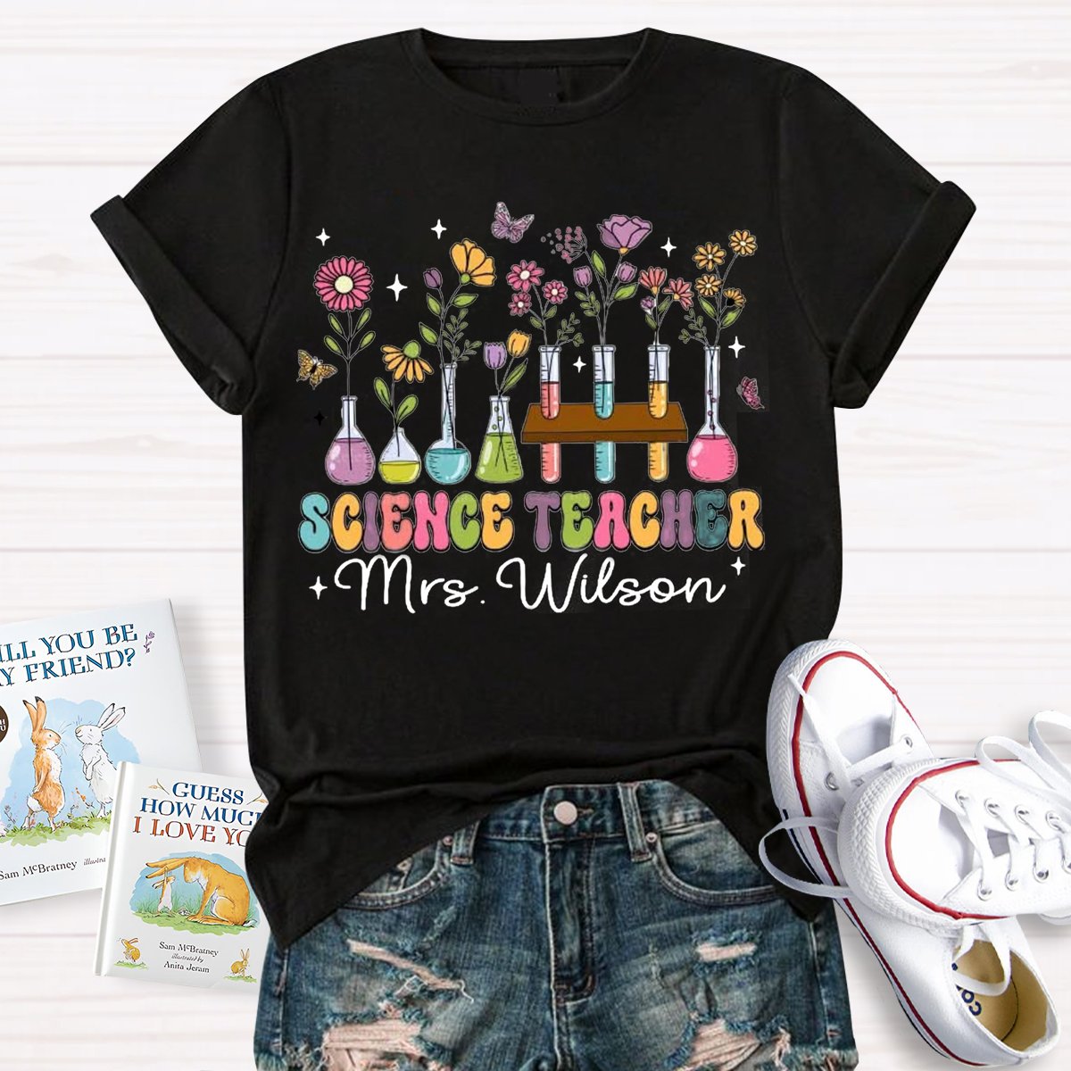 Personalized Science Teacher Name Tubes And Flowers Teacher T-Shirt