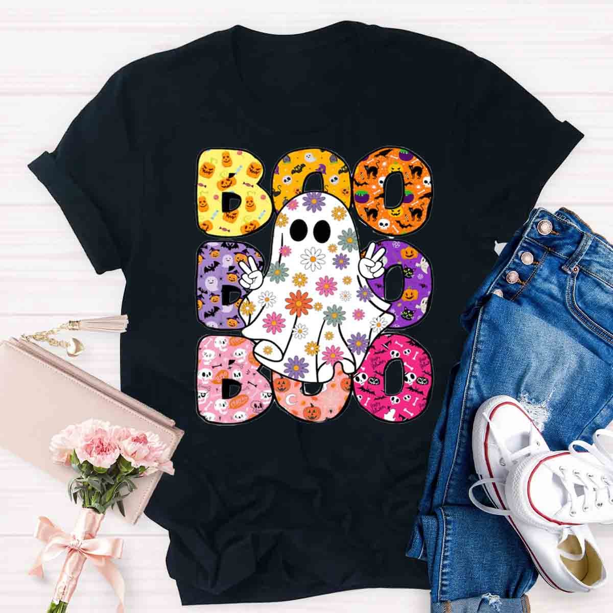 BOO Floral Ghost Print Halloween T-Shirt