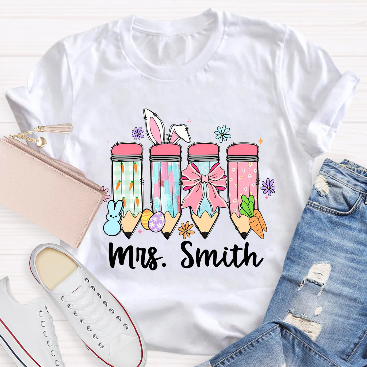 Personalized Name Easter Bunny Carrot Teacher T-Shirt