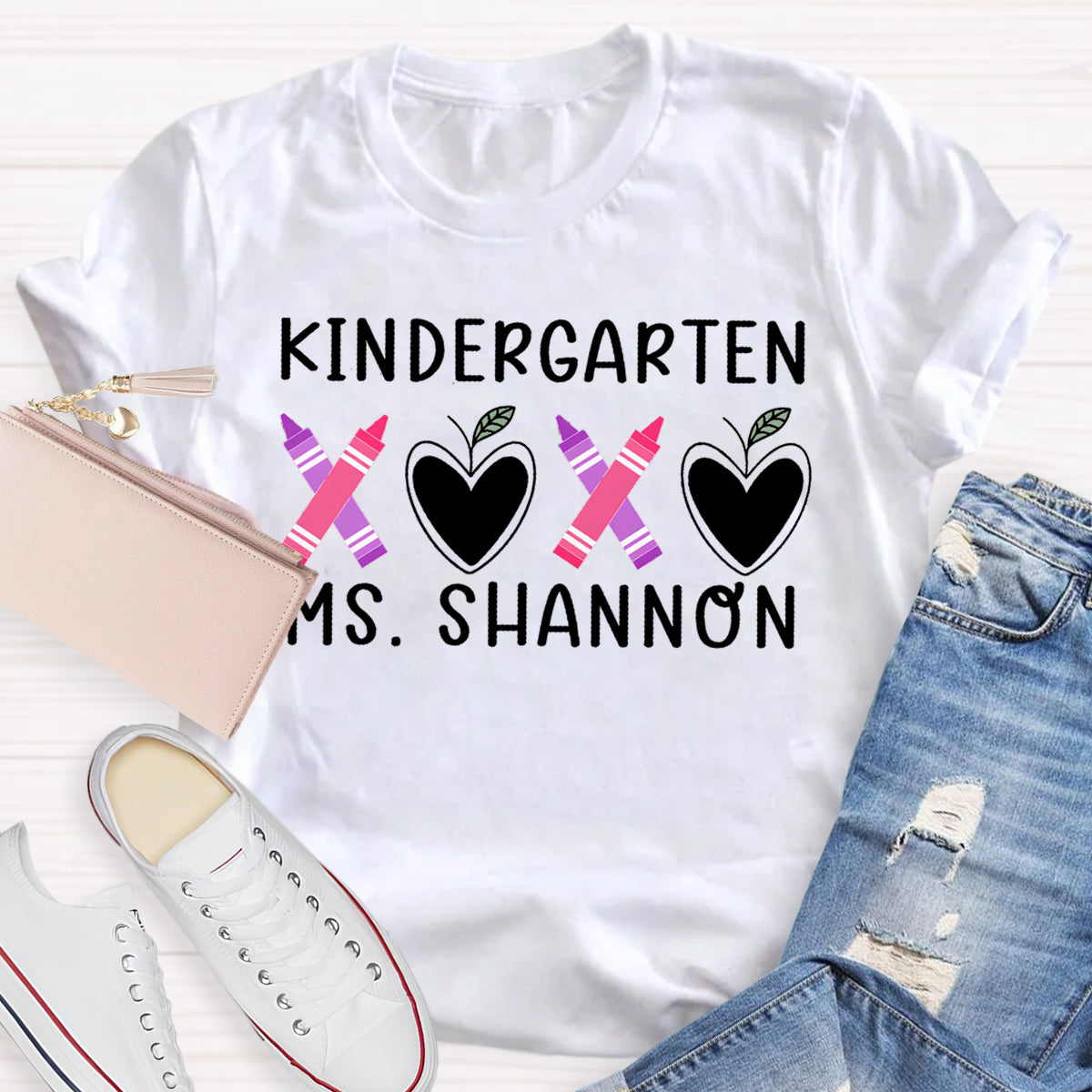 Personalized Grade And Name Pink Heart Crayon Teacher T-Shirt