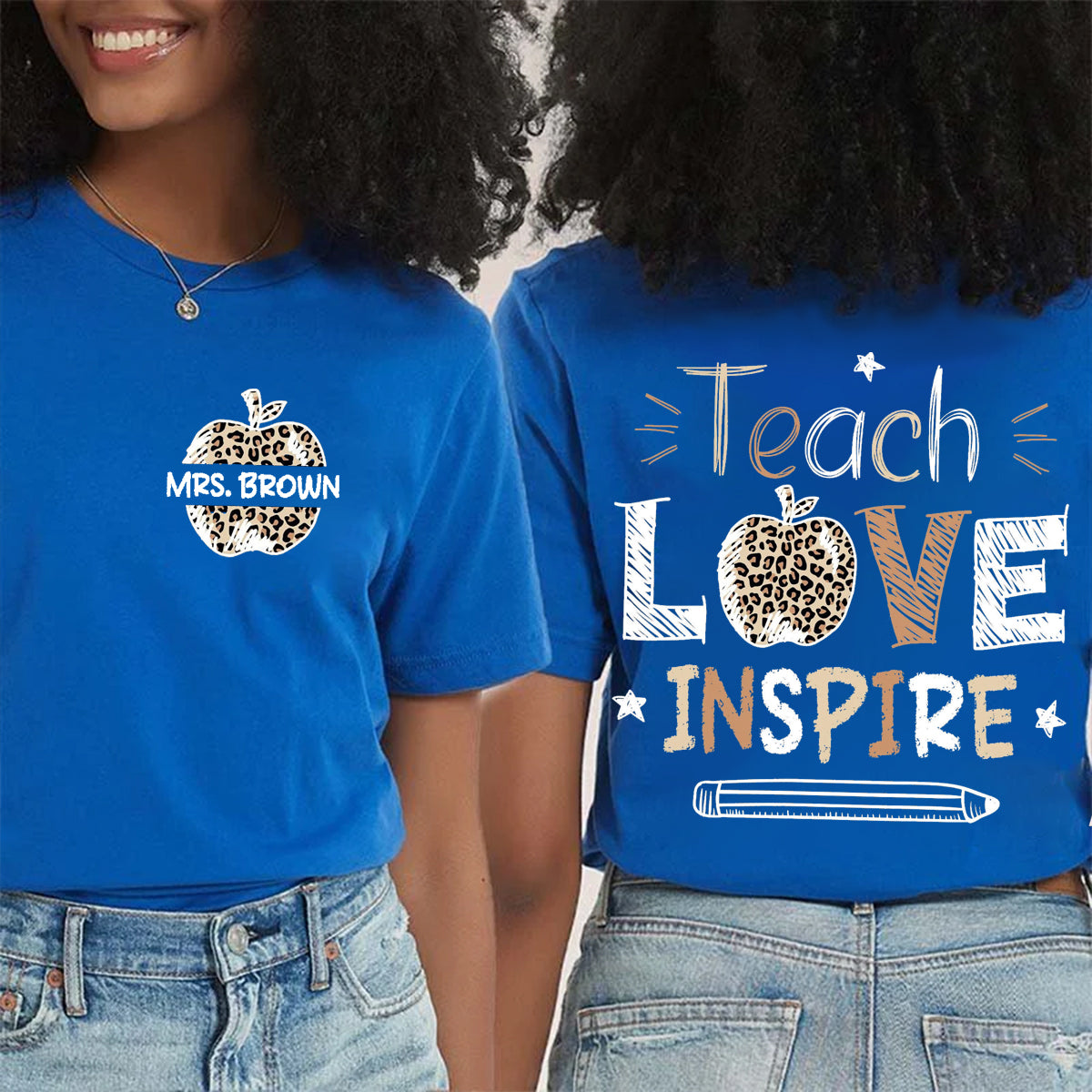 Personalized Name Teach Love Inspire Leopard Apple  Double Printed T-shirt