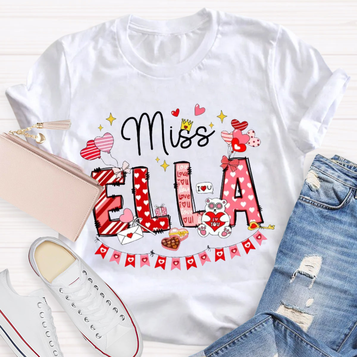 Personalized Name Valentine's Day Miss Ella Teacher T-Shirt