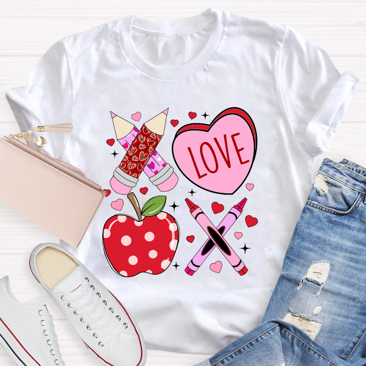 Pink Pencil And Apple Love Teacher T-Shirt